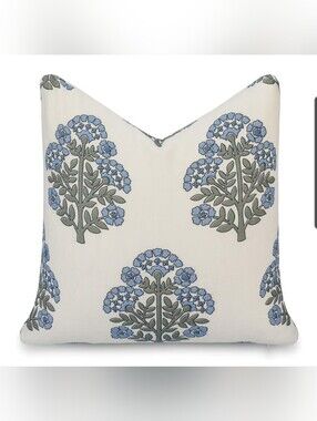 One Decorative Floral Print Pillow  Cover- Blue on Cream By Crumbs Home 20 X 20